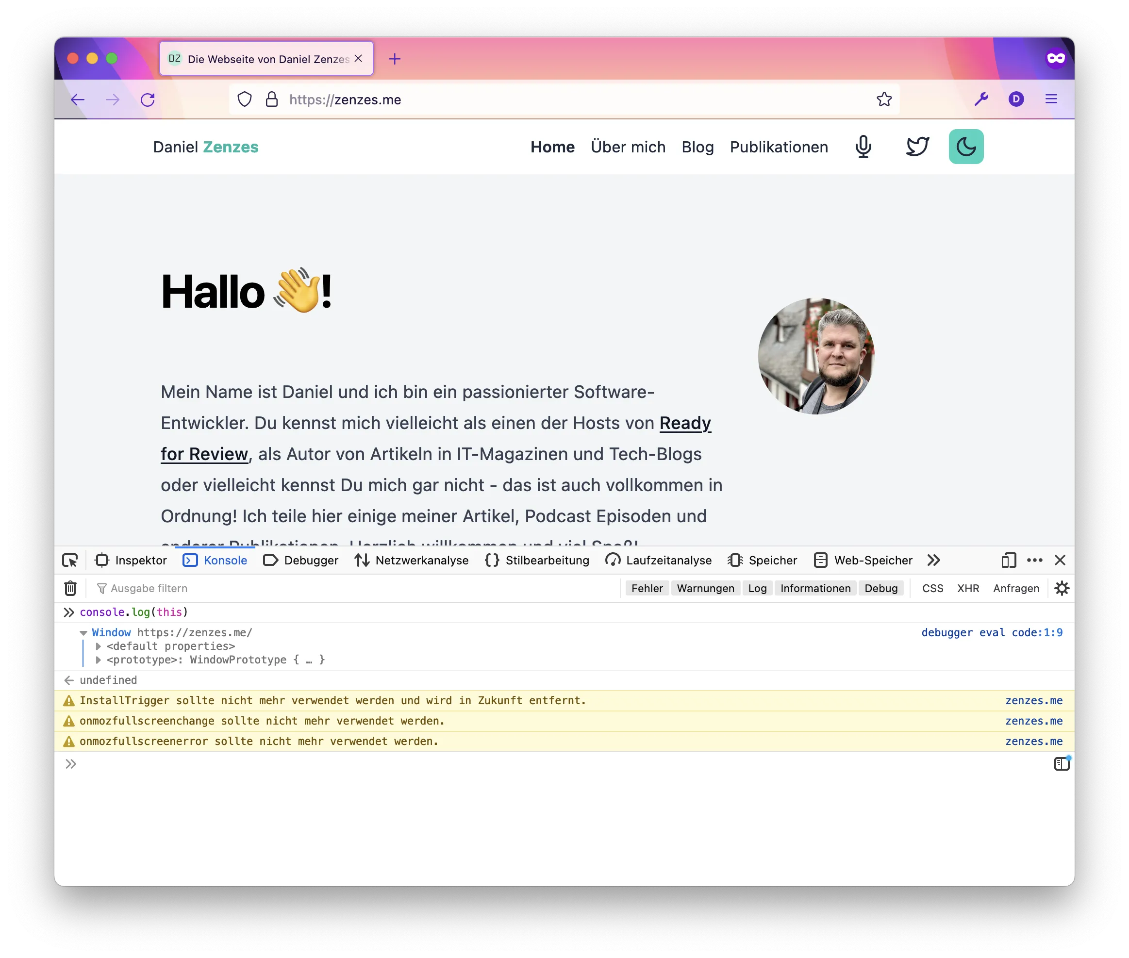 Entwicklerkonsole zeigt den Wert von this auf dieser Seite